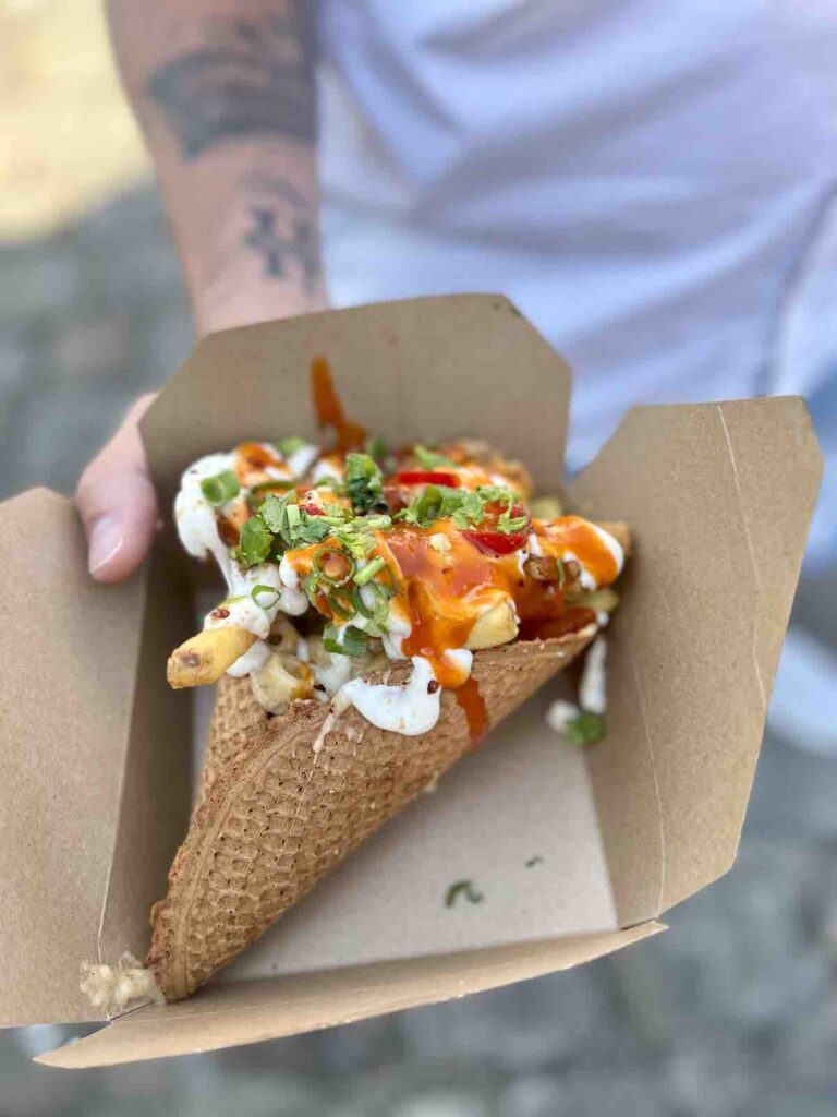 Mac & Cheese, chips and crispy chicken in a waffle from Chef Stef Uk at Quay Side Market