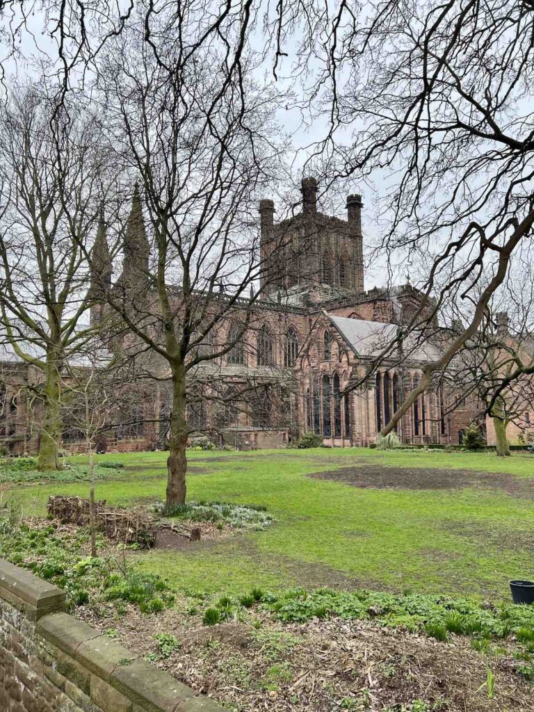 View of Chester Cathedral from the walls in Chester