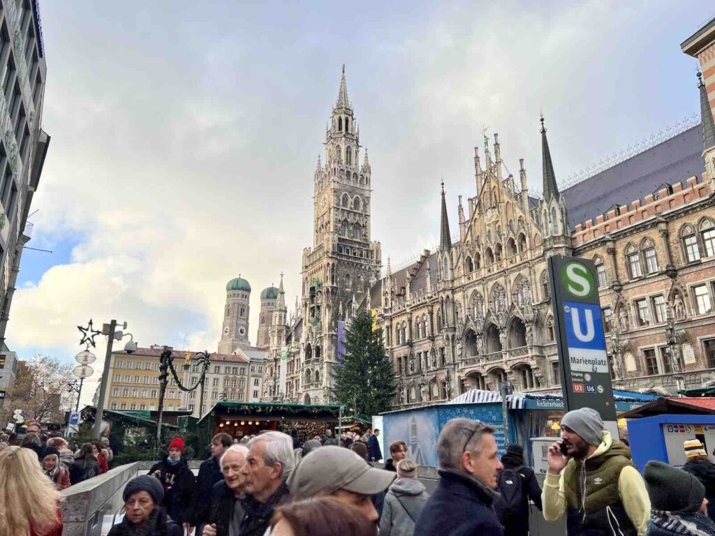 Marianplatz Christmas Market with a view of the New Town Hall and The Munich Cathedral in the background